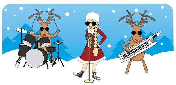 Cartoon Christmas card. Maiden sings, reindeer play musical inst — Stock Vector