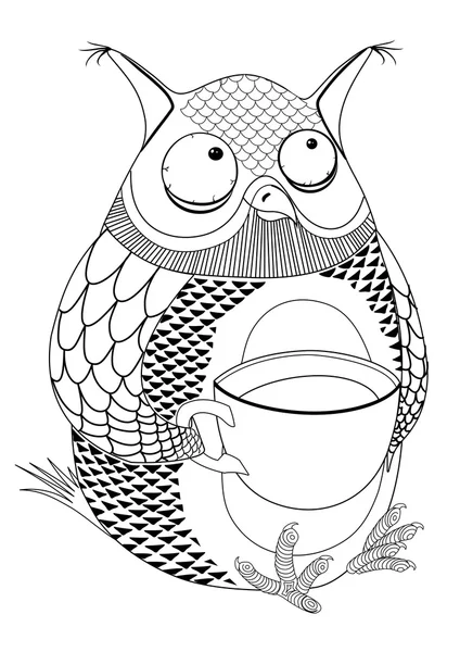 Black picture of an owl, drinking coffee. vector image — Stock Vector