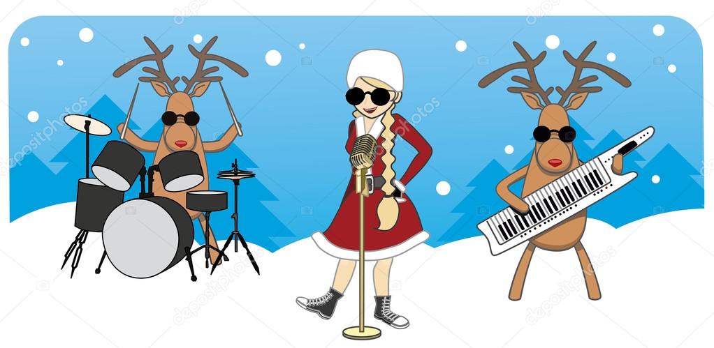 cartoon Christmas card. Maiden sings, reindeer play musical inst