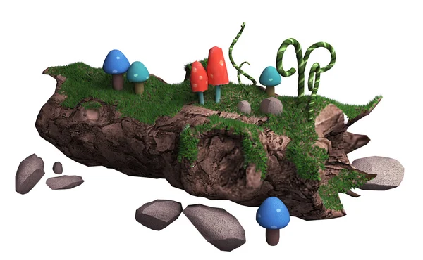 3D-Illustration auf weißem Hintergrund. alter umgestürzter Baum und Pilz — Stockfoto