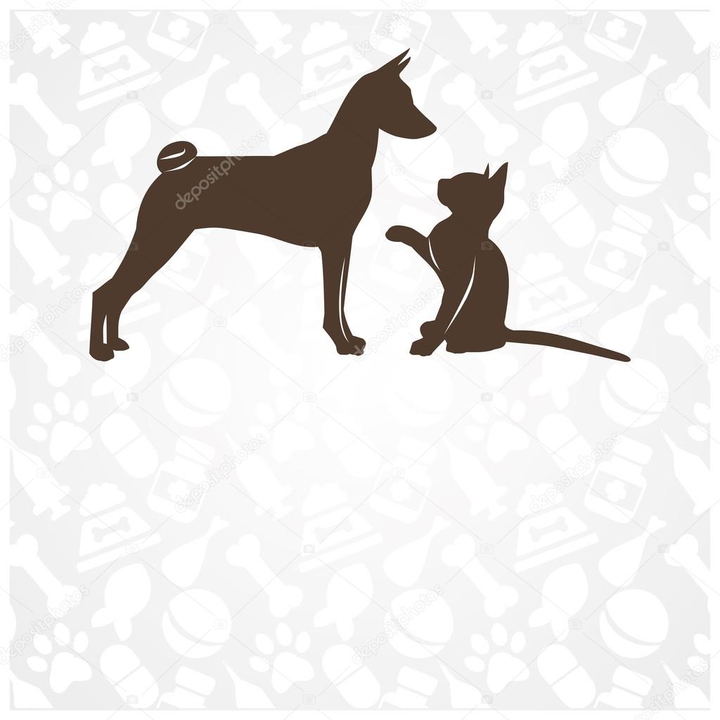 Funny cat and dog in the background zoo accessories. vector illu