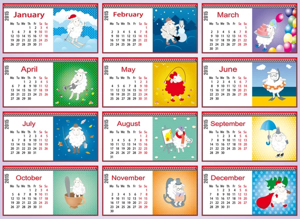 Kalender 2015 met een set van lam in verschillende maanden — Stockvector