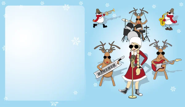 Cartão de Natal com menina, boneco de neve e renas — Vetor de Stock