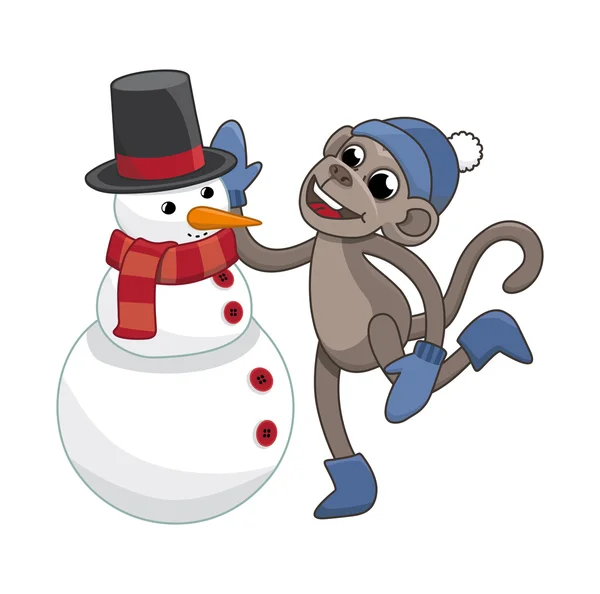 Funny monkey sculpts snowman — Stock Vector