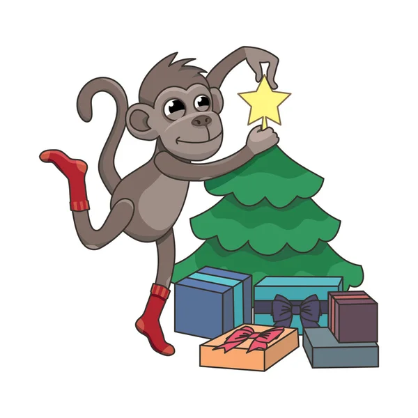 Monkey decorating a Christmas tree — Stock Vector