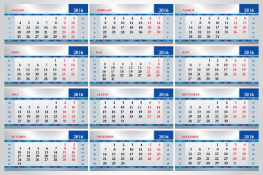 Takvimler 2016 her ay için kümesi