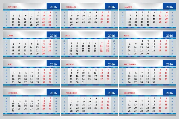 Conjunto de calendarios para cada mes en 2016 — Vector de stock