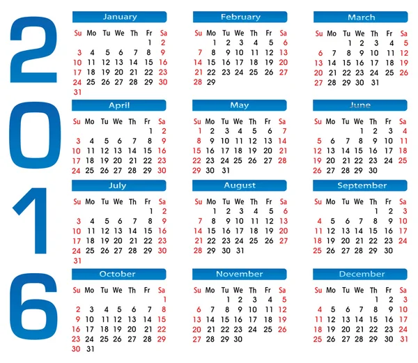 Čtvereček kalendář 2016 — Stockový vektor