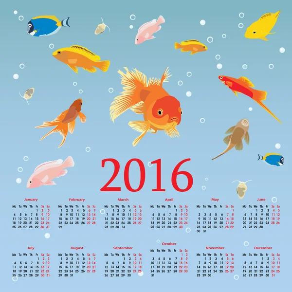 Calendario 2016 en el fondo de los peces — Vector de stock