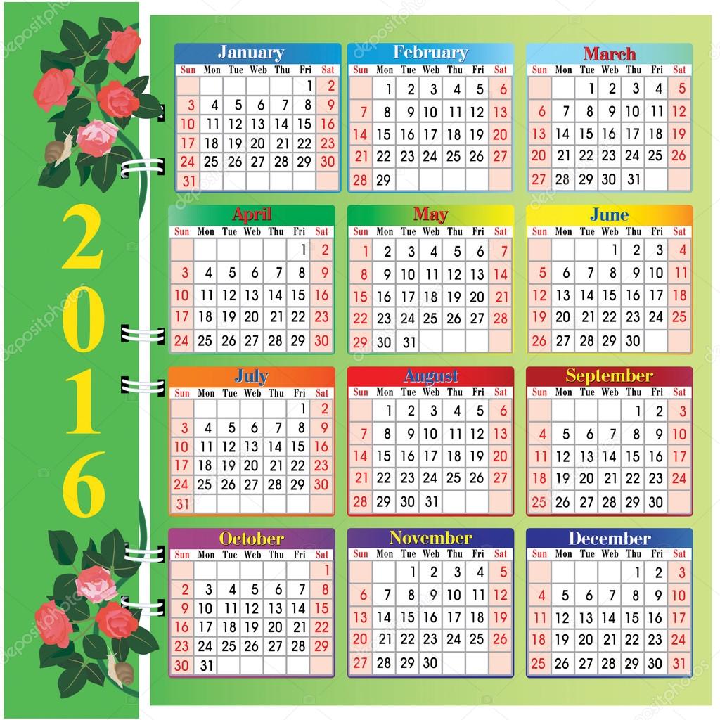 Vector calendar 2016. Roses and snails