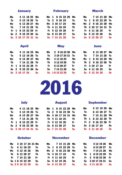 Calendário 2016 —  Vetores de Stock
