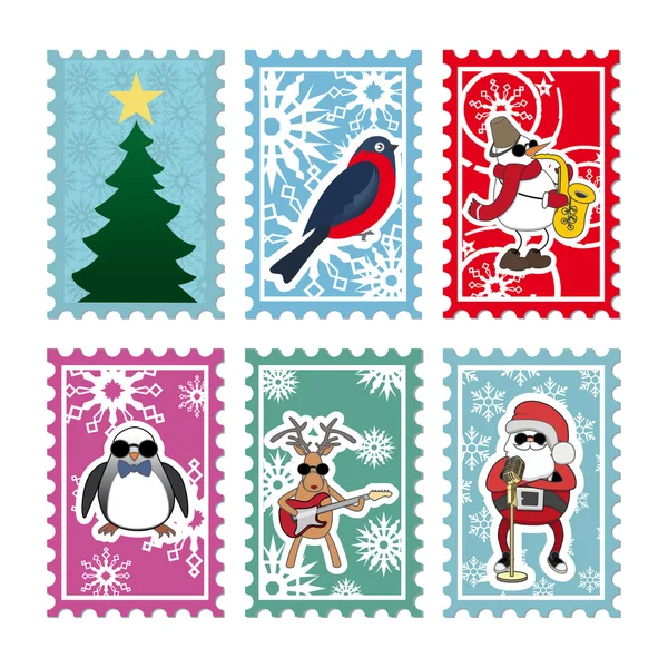 Έξι πολύχρωμα γραμματόσημα για Χριστουγεννιάτικη κάρτα — Διανυσματικό Αρχείο