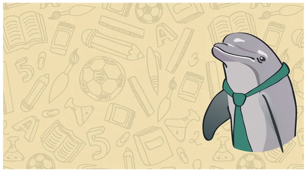 Delfín inteligente en una corbata verde en el fondo de las instalaciones de la escuela — Archivo Imágenes Vectoriales