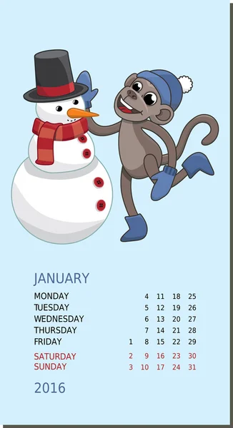 Вертикальный календарь с обезьяной на январь 2016 года — стоковый вектор