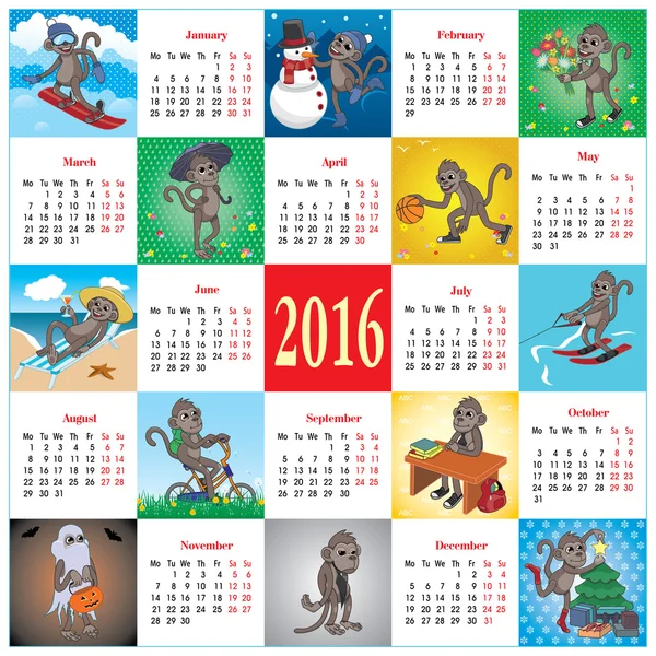 Calendario 2016 con monos — Vector de stock