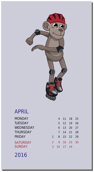 Lodrät kalender med en apa på April 2016 — Stock vektor