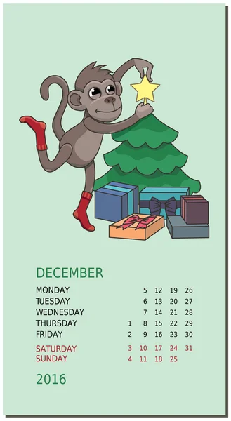 Vertical calendar with a monkey on December 2016 — Stock Vector