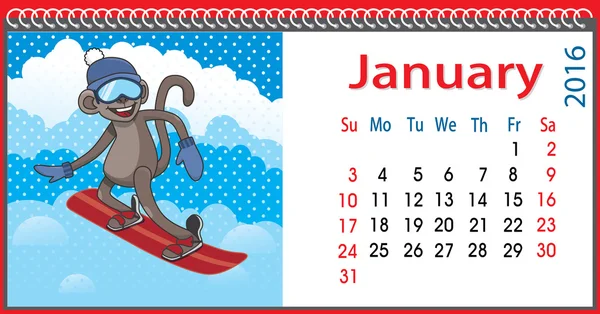 Calendario horizontal con un mono en enero — Archivo Imágenes Vectoriales
