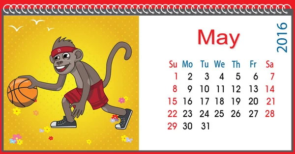 Kalender horisontal dengan monyet pada bulan Mei - Stok Vektor