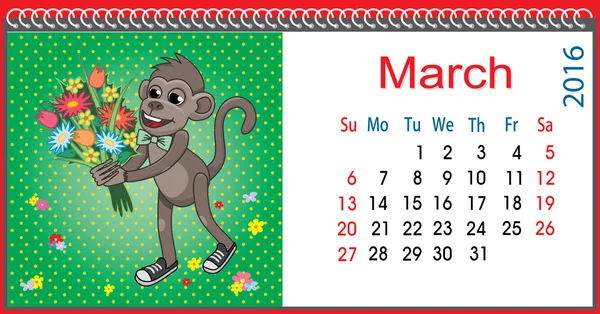 Calendrier horizontal avec un singe en mars — Image vectorielle