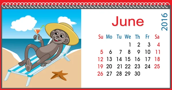 Calendario horizontal con un mono en junio — Vector de stock