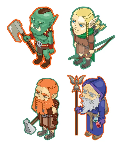 Stylized fantasy characters. The dwarf, mage, orc, elf — Stock Vector