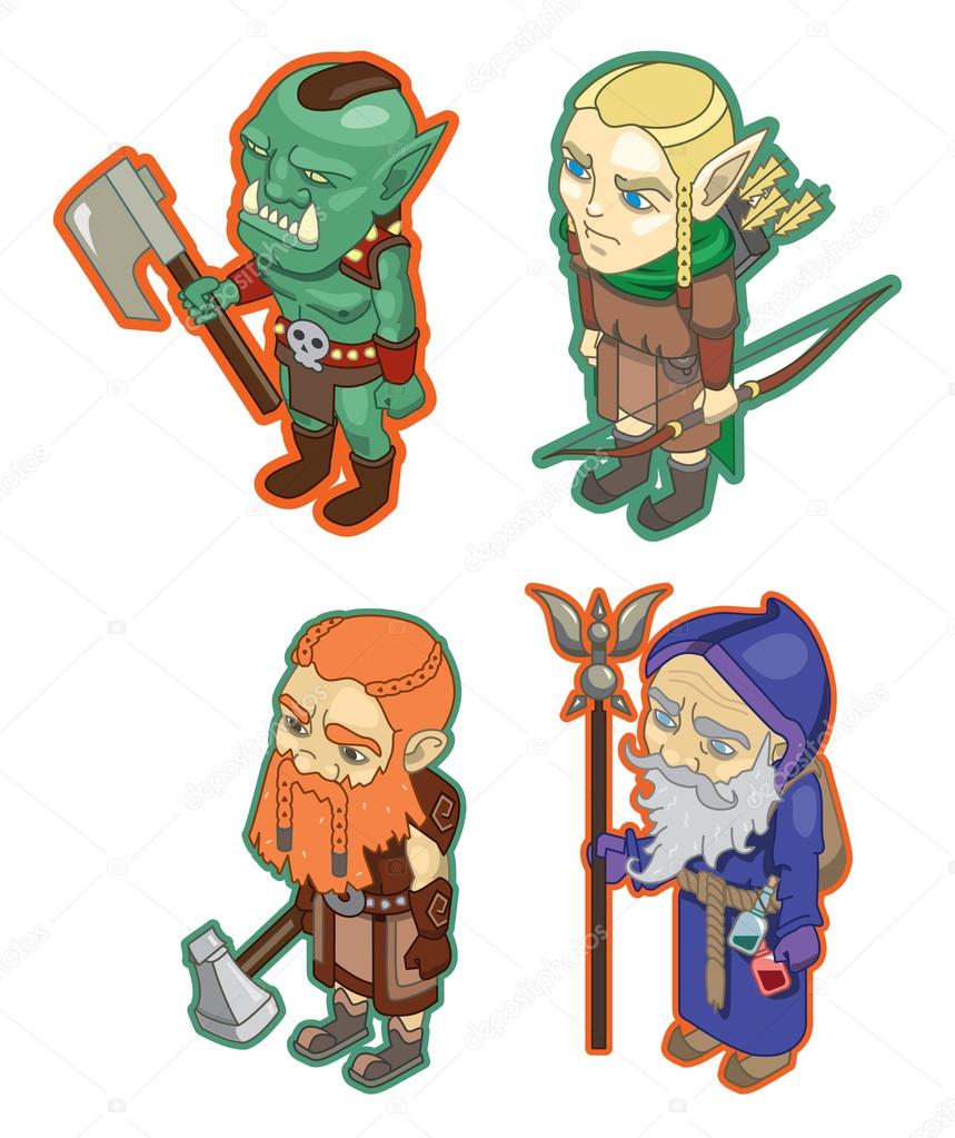Stylized fantasy characters. The dwarf, mage, orc, elf