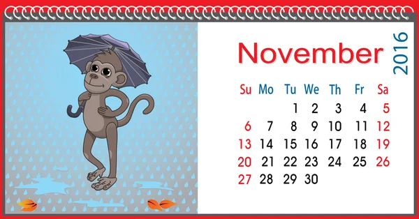 Kasım ayında bir maymunla yatay takvim — Stok Vektör