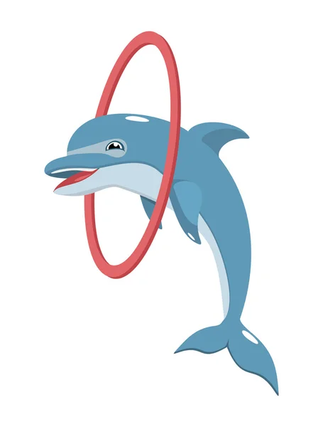 Glada delfiner hoppa genom en hoop — Stock vektor