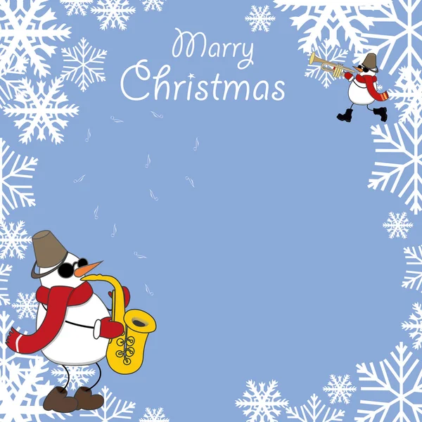 Biglietto natalizio con musicisti pupazzi di neve — Vettoriale Stock