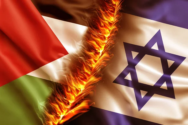 Israel vs Palestine flags. Waving flag design overlap, the burning flag of Israel and Palestine breaking relationship concept