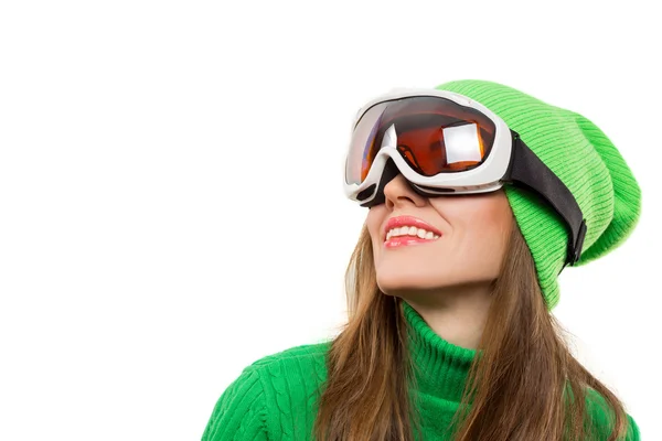 Woman with ski goggles isolated on white — Stock Photo, Image
