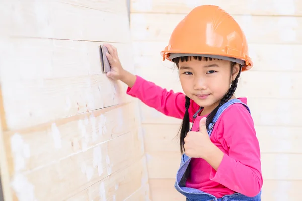 Kid Engineer Carpenter Work Shown Thumb Wood Background — Stock Photo, Image