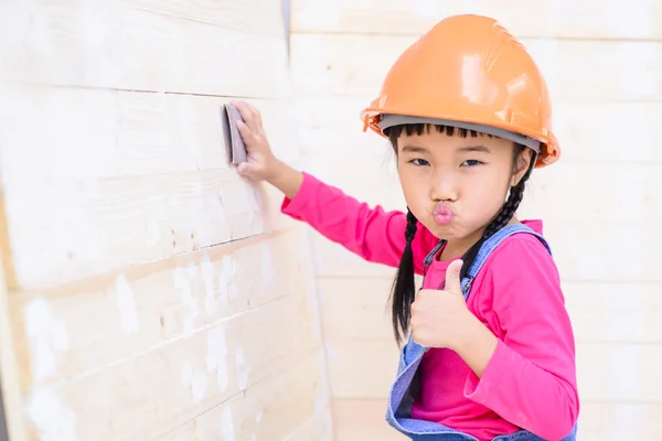 Kid Carpenter Work Sanding Wood Make Thumb Talent — Stock Photo, Image