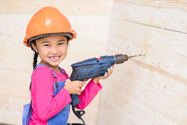 Kid Engineer Carpenter Work Portrait Holding Drill — Stock Photo, Image