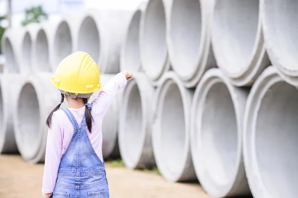 Kid Civil Engineer Inspecting Huge Concrete Pipe Point — Stock Photo, Image