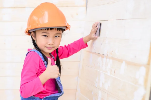 Kid Engineer Carpenter Work Shown Thumb Wood Background — Stock Photo, Image