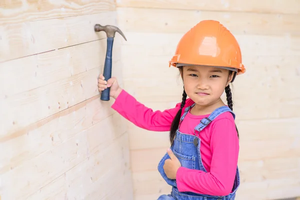 Kid Engineer Carpenter Work Hammer Wood Make Thumb — Stock Photo, Image