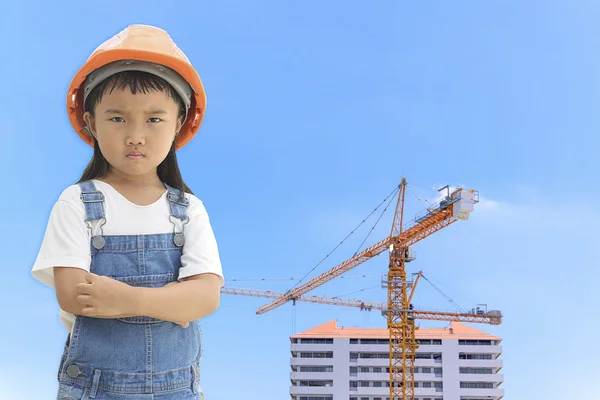 Working Crane Construction Site Clear Sky Background Kid Engineer — Stock Photo, Image