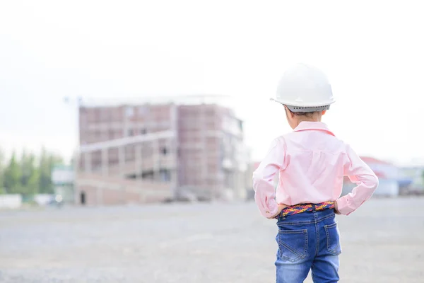 Kid Civil Engineer Inspecting Building Construction Site — Stock Photo, Image