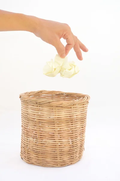 Guy Hand Trashing Garbage Rattan Bin Isolated White Background — Stock Photo, Image