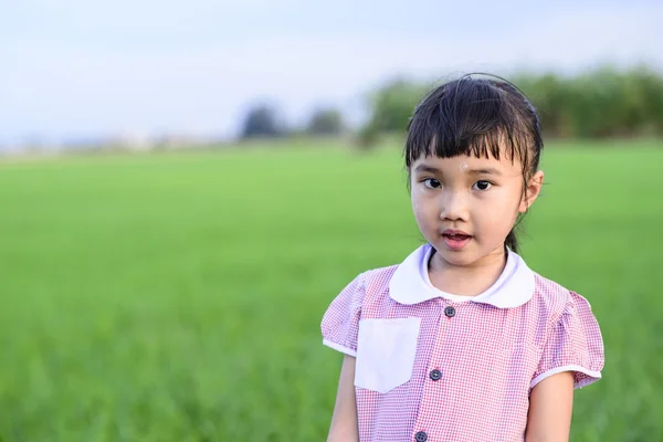 Kleines Mädchen Mit Schuluniform Auf Grünem Reisfeld Hintergrund — Stockfoto