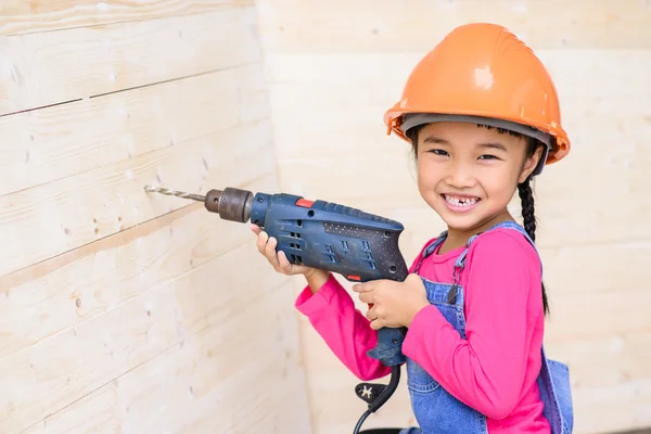 Kid Engineer Carpenter Work Portrait Holding Drill — Stock Photo, Image