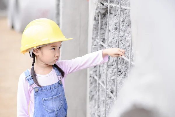 Kid Civil Engineer Inspecting Wire Mesh Huge Concrete Pipe Wall — Stock Photo, Image