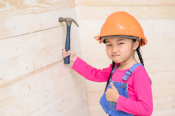 Kid Engineer Carpenter Work Thumb Hammer — Stock Photo, Image