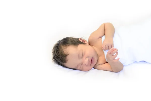 Baby Portrait Crying Pose White Blanket Background — Stock Photo, Image