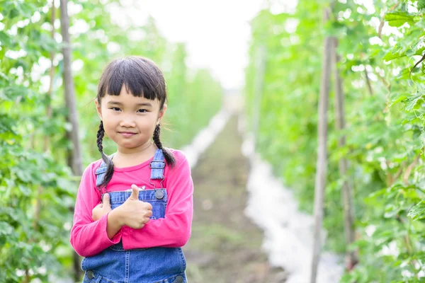 Gyerek Kertész Mutatták Hüvelykujját Fel Telepítés Farm — Stock Fotó