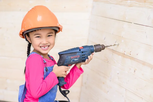 Little Girl Carpenter Work Portrait Holding Drill Wood — Stock Photo, Image