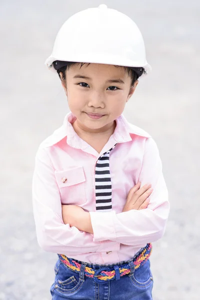 Детский Портрет Инженерным Комплектом Белым Защитным Шлемом — стоковое фото