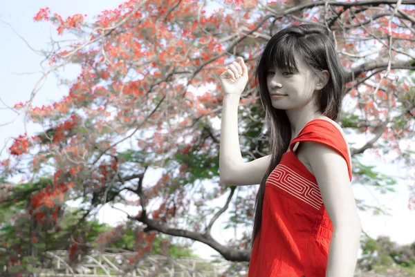 Asian Woman Portrait Smile Pose Red Dress — Stock Photo, Image